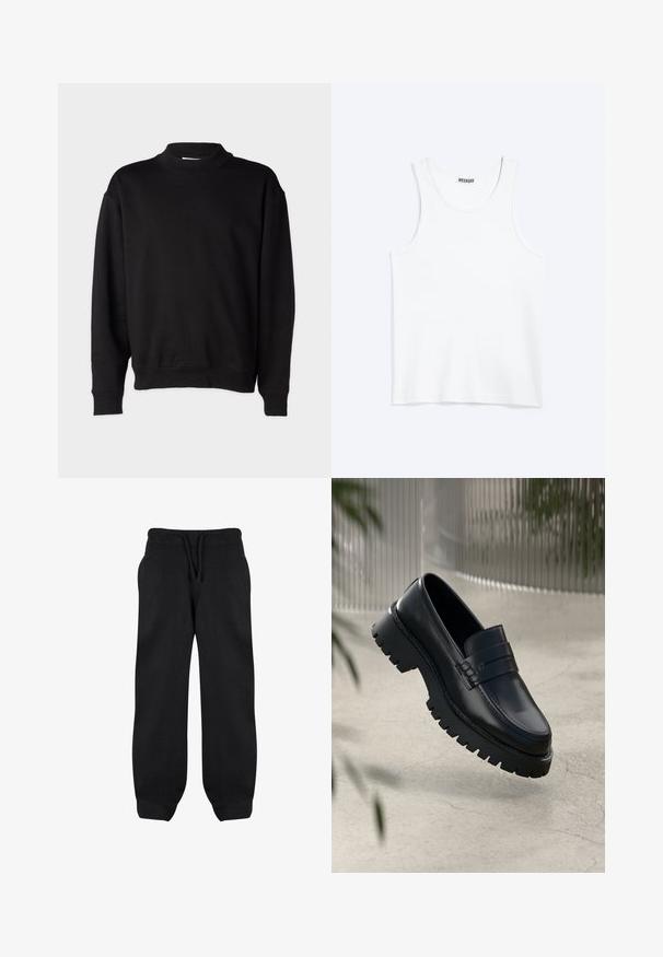 Sudadera negra con un cuello alto acanalado, mangas largas y un ajuste relajado. Textura suave con puños y dobladillo acanalados.; Camiseta sin mangas blanca con cuello redondo y etiqueta de la marca Weekday en el interior del cuello trasero, mostrada plana sobre un fondo claro.; Pantalones de chándal negros con cintura elástica, cordón y bolsillos laterales. Fabricados con una tela suave, tienen un corte holgado y tobillos ajustados.; Mocasines de cuero negro con suela gruesa, que presentan una correa decorativa y detalles de costura. Textura suave con un acabado pulido.