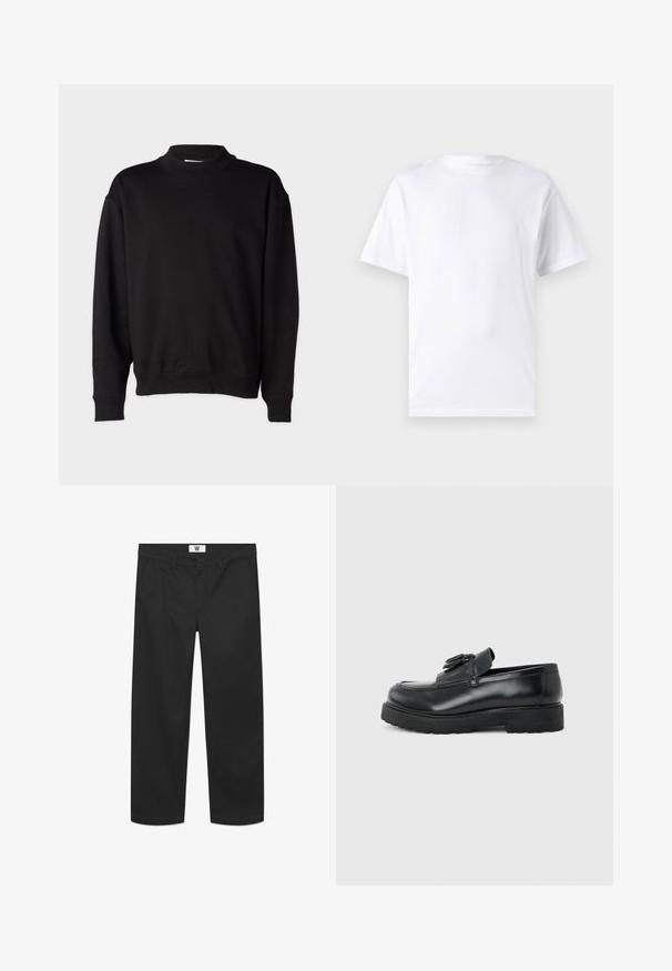 Zwarte sweatshirt met een hoge, geribbelde kraag, lange mouwen en een relaxte pasvorm. Zachte textuur met geribbelde manchetten en onderrand.; Witte T-shirt met korte mouwen, gemaakt van katoen, met een ronde hals. Het heeft een gladde textuur en een eenvoudig ontwerp zonder patronen of accenten.; Zwarte chino's van een soepele katoenstof. Voorzien van een knoopsluiting, voorzakken en een recht model met schone randen.; Zwarte leren loafer met kwastjes, dikke rubberen zool en lage hak, zijaanzicht op een effen achtergrond.