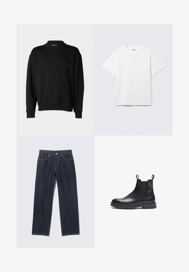 Schwarzer Sweatshirt mit hohem, geripptem Kragen, langen Ärmeln und lockerer Passform. Weiche Textur mit gerippten Bündchen und Saum.; Weißes T-Shirt mit kurzen Ärmeln und Rundhalsausschnitt, flach liegend, schlichtes Design, mit „WEEKDAY“-Etikett innen im Kragen auf hellem Hintergrund.; Dunkelblaue Jeans aus Denim mit geradem Schnitt, Gürtelschlaufen, Taschen vorne und hinten sowie kontrastierenden Nähten. Keine sichtbaren Muster oder Verzierungen.; Schwarze Leder Chelsea-Boots mit strukturierter Oberfläche, elastischen Seitenpanels und Zuglaschen. Verfügt über eine klobige Gummisohle mit Profil.