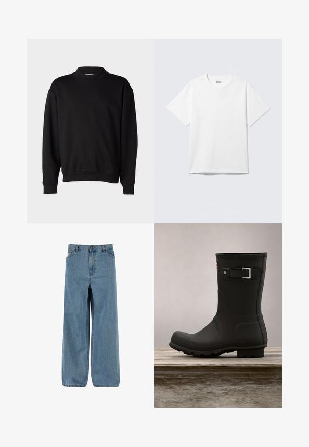 Sort sweatshirt med høj, ribbet krave, lange ærmer og en afslappet pasform. Blød tekstur med ribbede manchetter og kant.; Hvid kortærmet crewneck T-shirt lagt fladt ud, ensfarvet design, med "WEEKDAY" mærkat inde i kraven på en lys baggrund.; Denim bredde ben bukser i lys blå. Har en knap- og lynlåslukning, fem lommer og en falmet tekstur for et klassisk look.; Sorte gummistøvler med lav hæl, rund tå og en sølv spændeaccent. Har en tekstureret sål for godt fodfæste.