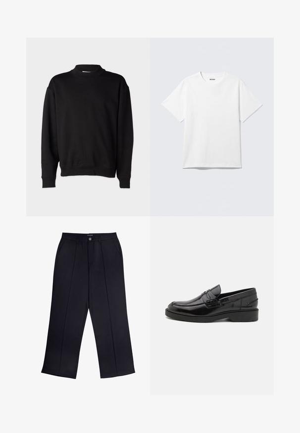 Zwarte sweatshirt met een hoge, geribbelde kraag, lange mouwen en een relaxte pasvorm. Zachte textuur met geribbelde manchetten en onderrand.; Witte T-shirt met korte mouwen en ronde hals, plat gelegd, effen ontwerp, met een "WEEKDAY" label in de kraag op een lichte achtergrond.; Zwarte wijde broek van gladde stof met een ritssluiting, knoopsluiting en zijzakken. Opvallende plooien langs elke pijp.; Zwarte leren instappers met een gladde afwerking, ronde neus, lage hak en decoratieve stiksels aan de voorkant. Rubberen buitenzool voor grip.