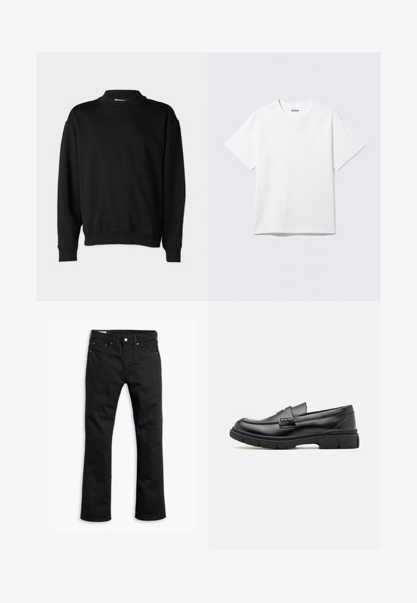 Sort sweatshirt med høj, ribbet krave, lange ærmer og en afslappet pasform. Blød tekstur med ribbede manchetter og kant.; Hvid kortærmet crewneck T-shirt lagt fladt ud, ensfarvet design, med "WEEKDAY" mærkat inde i kraven på en lys baggrund.; Sorte denim jeans med lige ben, fem lommer, metalknaplukning og diskrete syninger. Glat tekstur og ensfarvet.; Sort læder loafersko med en bred rem over forfoden, gummisål med tykke mønstre og glat overflade. Klassisk, slankt design.