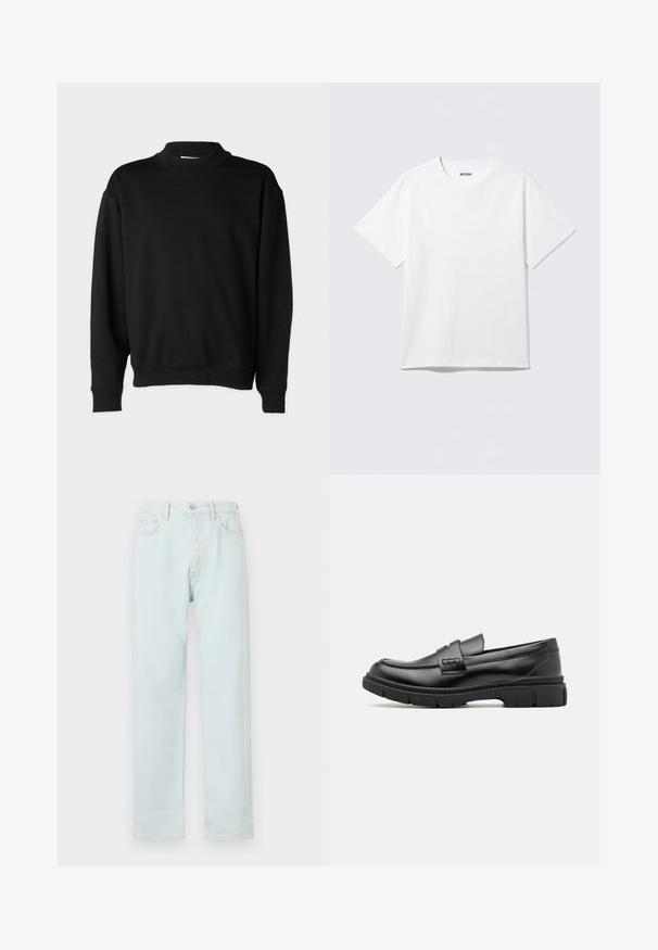 Sweatshirt noir avec un col montant côtelé, des manches longues et une coupe décontractée. Texture douce avec des poignets et un ourlet côtelés.; T-shirt blanc à manches courtes et col rond, étalé à plat, design uni, avec l'étiquette "WEEKDAY" à l'intérieur du col sur un fond clair.; Jean droit bleu clair en denim, avec fermeture à bouton, décoloration subtile et design à cinq poches.; Mocassin en cuir noir avec une large sangle sur le devant, semelle en caoutchouc à épaisse rainure, et texture lisse. Design classique et élégant.