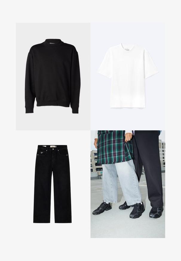 Sweatshirt noir avec un col montant côtelé, des manches longues et une coupe décontractée. Texture douce avec des poignets et un ourlet côtelés.; T-shirt blanc uni à manches courtes et col rond avec une coupe décontractée, présenté sur un fond clair.; Jean noir droit avec un design classique à cinq poches et une fermeture par boutons, avec une étiquette « project blue » sur la petite poche avant et la ceinture.; Baskets de sport noires avec des accents en mesh et en caoutchouc. Portées avec un jean large gris clair et un haut à carreaux vert. Fond à surface plane.