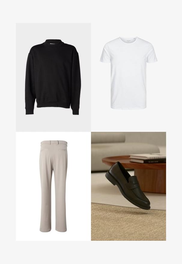 Sudadera negra con un cuello alto acanalado, mangas largas y un ajuste relajado. Textura suave con puños y dobladillo acanalados.; Camiseta de manga corta y cuello redondo en blanco sólido, fabricada en algodón suave, presenta un diseño simple sin patrones ni acentos visibles.; Pantalones beige de corte recto mostrados por detrás, con trabillas para cinturón y dos bolsillos de vivo en la cintura.; Zapato mocasín de cuero negro mostrado en el aire sobre una alfombra beige tejida, con una mesa de madera y libros apilados en una sala de estar con luz suave.
