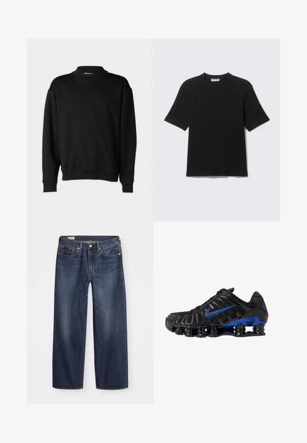 Schwarzer Sweatshirt mit hohem, geripptem Kragen, langen Ärmeln und lockerer Passform. Weiche Textur mit gerippten Bündchen und Saum.; Schwarzes T-Shirt mit kurzen Ärmeln und Rundhalsausschnitt, mit einem "WEEKDAY"-Etikett innen am Kragen, flach auf einem hellen Hintergrund liegend dargestellt.; Dunkelblaue Jeans aus Denim mit geradem Bein, fünf Taschen-Design, Metallknopf und Reißverschluss, sowie subtilen Auswaschungen.; Schwarzer Sportschuh mit Obermaterial aus Mesh und glänzenden Akzenten. Verfügt über einen blauen Swoosh, einen gepolsterten Kragen und eine auffällige schwarze Gummisohle mit sichtbarem Dämpfungselement.