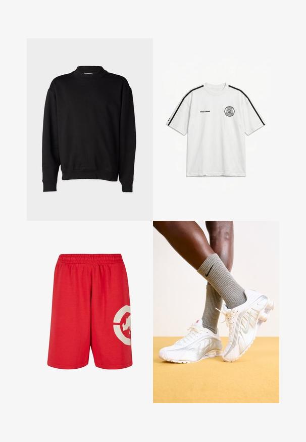 Sort sweatshirt med høj, ribbet krave, lange ærmer og en afslappet pasform. Blød tekstur med ribbede manchetter og kant.; Hvid t-shirt med korte ærmer med sorte skulderstriber, teksten ""PEGADOR"" på brystet og en cirkulær ""PEGADOR FOOTBALL TEAM"" logo på venstre side af brystet.; Røde bomuldsshorts med elastisk talje, prydet med et stort hvidt grafisk design på venstre ben og en glat overflade.; Nike sneakers i hvid med sølv accenter, der har teksturerede paneler og perforeringer. Sammen med grå ribbede sokker, sat mod en gul baggrund.