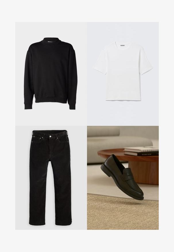 Zwarte sweatshirt met een hoge, geribbelde kraag, lange mouwen en een relaxte pasvorm. Zachte textuur met geribbelde manchetten en onderrand.; Effen witte T-shirt met korte mouwen en ronde hals, met een klein "WEEKDAY" label aan de binnenkant van de achterkraag, weergegeven op een vlakke ondergrond.; Zwarte fluwelen rechte broek met voorste knoop, ritssluiting, lussen voor een riem en vijf-pocketdesign op een effen lichte achtergrond.; Zwarte leren loafer schoen getoond in de lucht boven een beige geweven tapijt, met een houten tafel en gestapelde boeken in een zacht verlichte woonkamer.