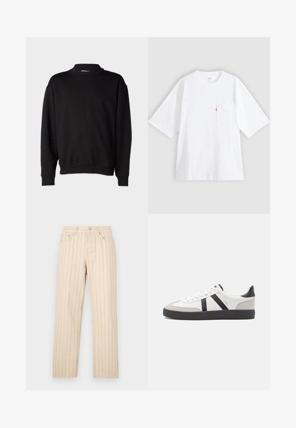 Sweatshirt noir avec un col montant côtelé, des manches longues et une coupe décontractée. Texture douce avec des poignets et un ourlet côtelés.; T-shirt en coton blanc à manches courtes, col rond et poche poitrine gauche. Comprend une petite étiquette logo rouge sur la poche.; Pantalons beiges à jambes droites avec des rayures verticales, dotés d'une fermeture à bouton, de passants de ceinture et de poches latérales. Le tissu a une texture lisse.; Baskets blanches avec des accents noirs et gris, présentant un embout texturé gris, une semelle en caoutchouc noir et des lacets plats blancs. Design épuré, style minimaliste.