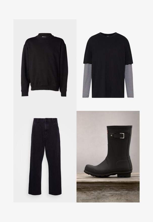Schwarzer Sweatshirt mit hohem, geripptem Kragen, langen Ärmeln und lockerer Passform. Weiche Textur mit gerippten Bündchen und Saum.; Schwarzes T-Shirt mit kurzen Ärmeln, einfarbiger Vorderseite und langen gestreiften Ärmeln in Schwarz und Weiß. Einfaches Rundhalsdesign, lässige Passform.; Schwarze Jeanshose mit geradem Bein, ausgestattet mit einem Knopf- und Reißverschluss, Gürtelschlaufen und minimalen Nähdetails.; Schwarze Gummiregenstiefel mit niedrigem Absatz, runder Spitze und einem silbernen Schnallenakzent. Verfügt über eine strukturierte Sohle für besseren Halt.