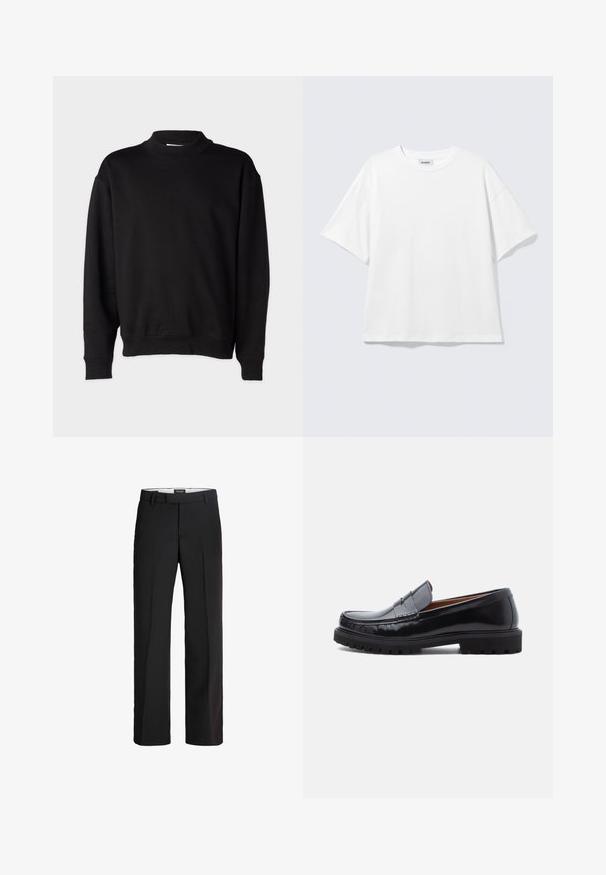 Sweatshirt noir avec un col montant côtelé, des manches longues et une coupe décontractée. Texture douce avec des poignets et un ourlet côtelés.; T-shirt blanc oversize à manches courtes, col rond, épaules tombantes, posé à plat sur fond gris clair.; Pantalon noir avec une coupe ajustée ; présente un devant lisse, deux poches latérales et une texture douce ; fabriqué à partir d'un matériau léger et respirant.; Mocassin penny en cuir noir avec semelle en caoutchouc épaisse et couture moc toe, montré de profil sur un fond blanc.