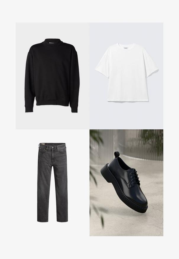 Zwarte sweatshirt met een hoge, geribbelde kraag, lange mouwen en een relaxte pasvorm. Zachte textuur met geribbelde manchetten en onderrand.; Witte oversized T-shirt met korte mouwen, ronde hals en verlaagde schouders, plat op een lichtgrijze achtergrond.; Donkergrijze spijkerbroeken met rechte pijpen, vijf zakken en koperen klinknagels. Klassiek ontwerp met een licht vervaagde textuur.; Zwarte leren schoen met een ronde neus, vetersluiting en een dikke rubberen zool met een gestructureerde rand. Strakke afwerking en minimale hardware.