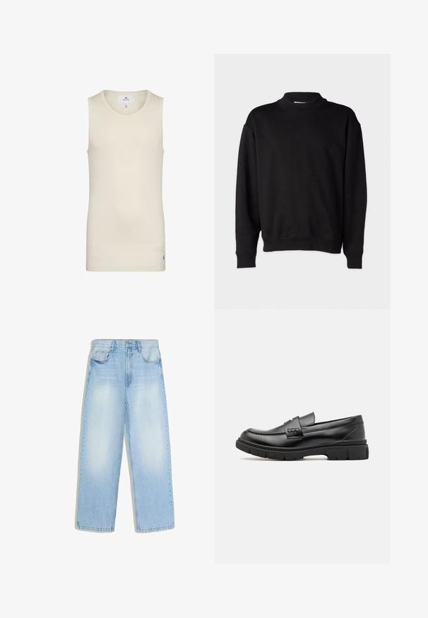Sort sweatshirt med høj, ribbet krave, lange ærmer og en afslappet pasform. Blød tekstur med ribbede manchetter og kant.; Lys beige sansærmet top lavet af ribbet stof med rund halsudskæring og et lille label ved kanten. Enkel og tætsiddende design.; Lyseblå vidde cowboybukser med forlommer, bæltestropper og falmede områder på lår og knæ.; Sort læder loafersko med en bred rem over forfoden, gummisål med tykke mønstre og glat overflade. Klassisk, slankt design.