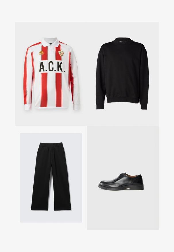 Sweatshirt noir avec un col montant côtelé, des manches longues et une coupe décontractée. Texture douce avec des poignets et un ourlet côtelés.; Polo à manches longues, blanc avec des rayures verticales rouges, avec le lettrage noir "A.C.K." et le logo doré "Kappa" sur la poitrine gauche.; Pantalon noir à jambes larges avec une taille élastique, deux poches latérales et une texture lisse. Conçu pour le confort et la liberté de mouvement.; Chaussure de ville en cuir noir avec un bout arrondi, surface lisse, détails en dentelle et une semelle en caoutchouc texturée basse. Lignes épurées et design minimal.
