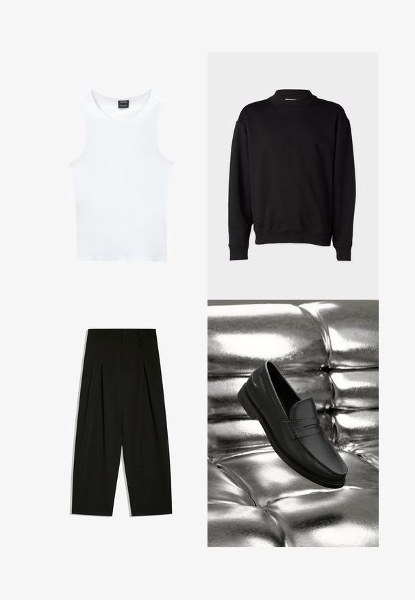 Zwarte sweatshirt met een hoge, geribbelde kraag, lange mouwen en een relaxte pasvorm. Zachte textuur met geribbelde manchetten en onderrand.; Witte mouwloze tanktop van ribgewoven katoen. Heeft een ronde halslijn en een gladde textuur. Etiket leest "PULL&BEAR."; Zwarte broek met wijde pijpen, plooien, riemlussen en knoopsluiting in de taille.; Zwarte leren mocassins met een gladde textuur, voorzien van stikdetails en een klassiek ontwerp, gepresenteerd tegen een metalen, glanzende achtergrond.