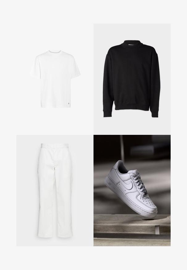 Sort sweatshirt med høj, ribbet krave, lange ærmer og en afslappet pasform. Blød tekstur med ribbede manchetter og kant.; Hvid bomulds t-shirt med rund halsudskæring, korte ærmer og lige kant. Har et lille logo detaljeret i nederste hjørne.; Hvide bomuldsbukser med lige ben-design, bæltestropper og sidelommer, med en glat overflade og minimal detajlering.; Hvid læder Nike Air Force 1 sneaker med perforeret tå, flade snørebånd og tekstureret gummisål med "AIR" branding på siden.