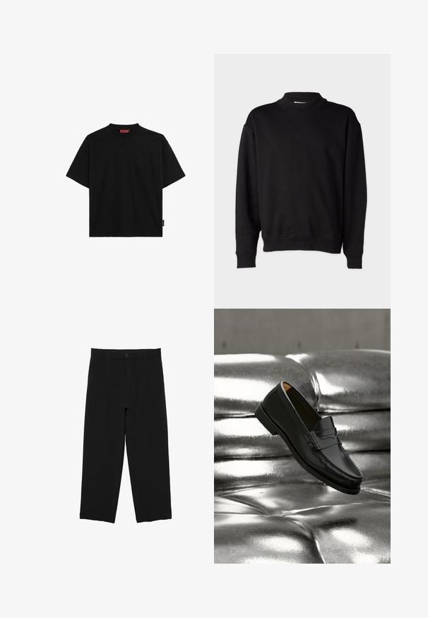 Schwarzer Sweatshirt mit hohem, geripptem Kragen, langen Ärmeln und lockerer Passform. Weiche Textur mit gerippten Bündchen und Saum.; Schwarzes kurzärmliges T-Shirt aus Baumwolle mit Rundhalsausschnitt und einem kleinen Etikett an der Seite. Glatte Textur und gerader Schnitt.; Schwarze, weit geschnittene Hose mit Gürtelschlaufen, vorderer Knopfleiste und plissiertem Design, vor weißem Hintergrund dargestellt.; Schwarzer Lederloafer, der über einem glänzenden silberfarbenen, gesteppte Ledersofa in einer minimalistischen Umgebung schwebt.