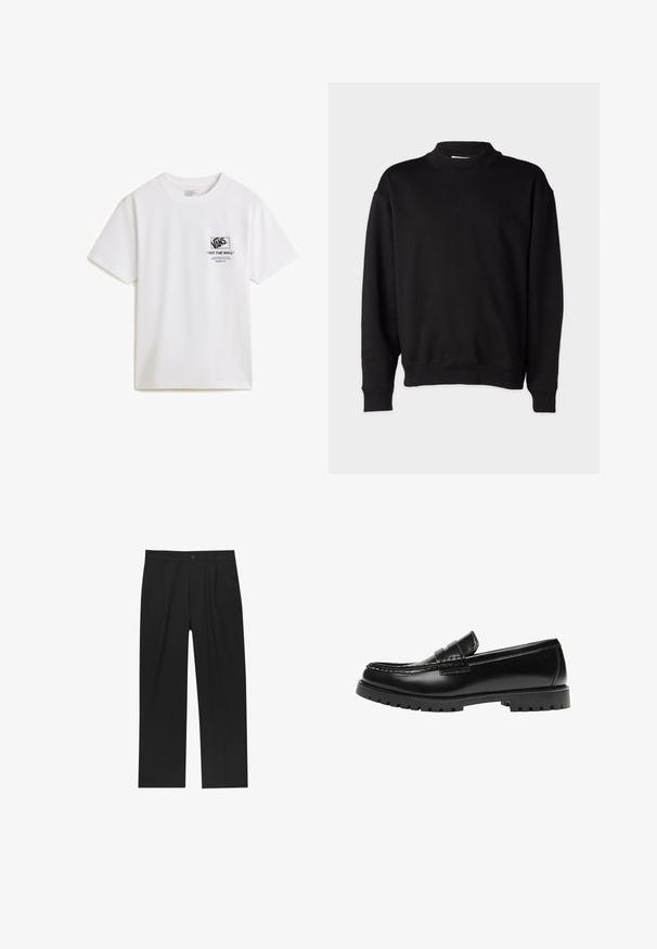 Sort sweatshirt med høj, ribbet krave, lange ærmer og en afslappet pasform. Blød tekstur med ribbede manchetter og kant.; Hvid bomulds T-shirt med korte ærmer, der har et sort grafisk print på venstre side, som inkluderer Vans-logoet og tekstdetaljer.; Sorte bukser med lige ben, lavet af et glat stof. Har frontfolder og en enkelt knaplukning i taljen.; Sort læderloafer med en kraftig gummisål og klassiske penny-strap detaljer, vist fra ydersiden.