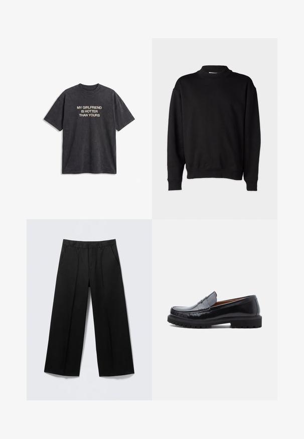 Black sweatshirt with a high, ribbed collar, long sleeves, and a relaxed fit. Soft texture with ribbed cuffs and hem.; Black short-sleeve T-shirt with beige text "MY GIRLFRIEND IS HOTTER THAN YOURS" centered on the front against a white background.; Black wide-leg trousers with belt loops, front pockets, and a zip fly, displayed on a light gray background.; Black leather penny loafer with chunky rubber sole and moc toe stitching, shown in profile on a white background.