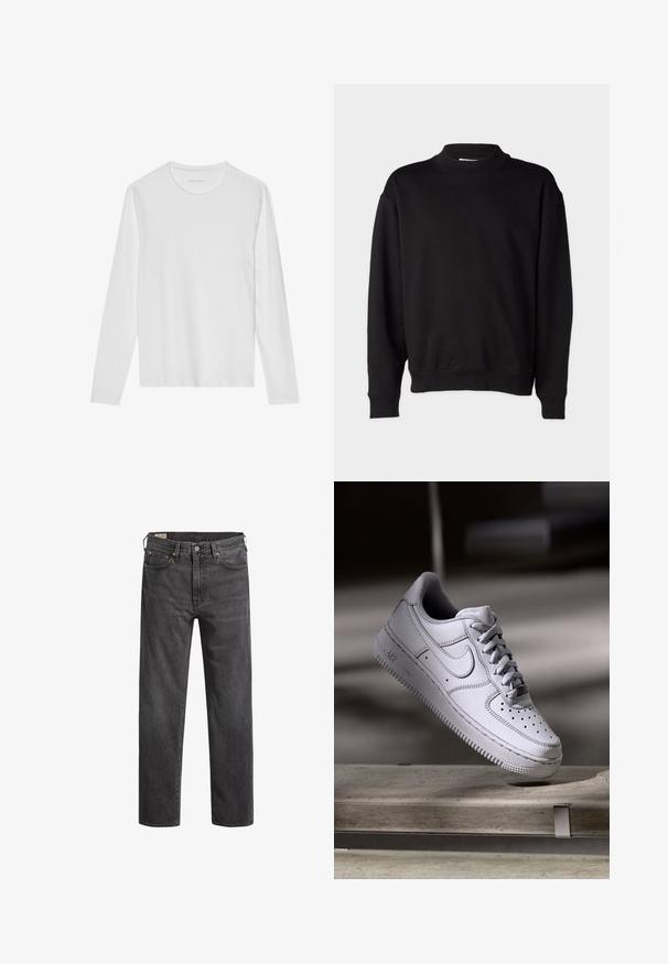 Sort sweatshirt med høj, ribbet krave, lange ærmer og en afslappet pasform. Blød tekstur med ribbede manchetter og kant.; Langærmet hvid T-shirt lavet af blød bomuld, med rund halsudskæring og en glat tekstur uden synlige mønstre eller accenter.; Mørkegrå denim jeans med lige ben, fem lommer og kobbernitter. Klassisk design med en let falmet struktur.; Hvid læder Nike Air Force 1 sneaker med perforeret tå, flade snørebånd og tekstureret gummisål med "AIR" branding på siden.