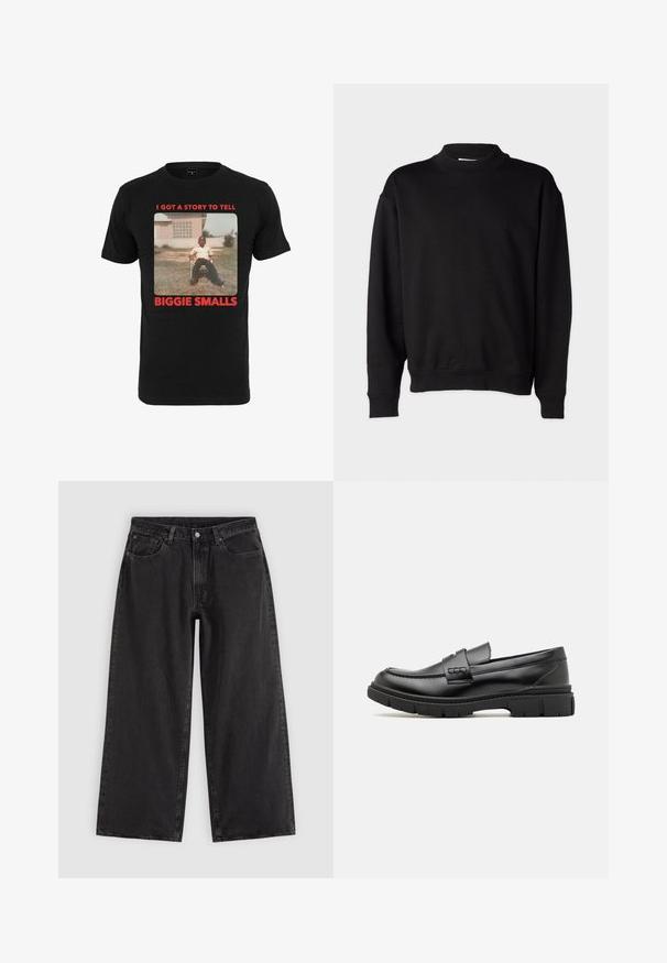 Schwarzer Sweatshirt mit hohem, geripptem Kragen, langen Ärmeln und lockerer Passform. Weiche Textur mit gerippten Bündchen und Saum.; Schwarzes Baumwoll-T-Shirt mit einem Vintage-Foto und rotem Text, der unter dem Bild "ICH HABE EINE GESCHICHTE ZU ERZÄHLEN BIGGIE SMALLS" lautet.; Schwarze Jeans mit weitem Bein, Vordertaschen, Gürtelschlaufen und Knopfverschluss, auf schlichtem hellem Hintergrund dargestellt.; Schwarze Lederloafer mit einem breiten Riemen über dem Rist, Gummisohle mit dicken Profilen und glatter Textur. Klassisches, schlankes Design.