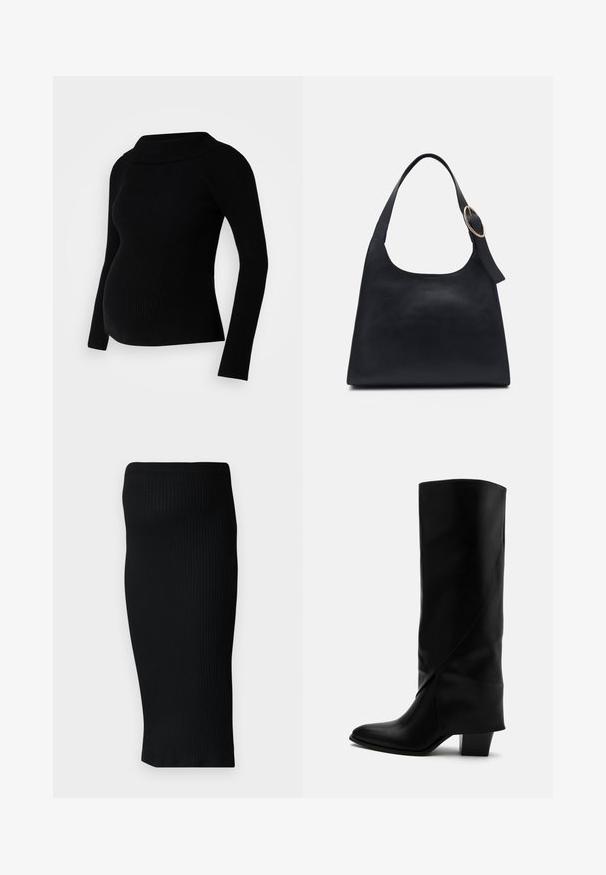 Musthave mustriba rasedus-sweater, millel on pikad varrukad, laiad volditud kaelused ja istuv siluett, mis on loodud mugavuse ja stiili tagamiseks raseduse ajal.; Must värviga ribideks kootud midi seelik, mis on sobiva lõikega ja laia vöökohta. Sile tekstuur, ilma nähtavate mustrite või aktsentideta.; Pikk must nahast saabas nurkadega õmbluste, terava varba ja jämeda keskmise kõrgusega kontsaga valgel taustal.; Must küllastunud nahk kantav kott siledast tekstuurist, ümar keha ja ühe õlavarre rihmaga, millel on ringikujuline kuldne metalldetail.