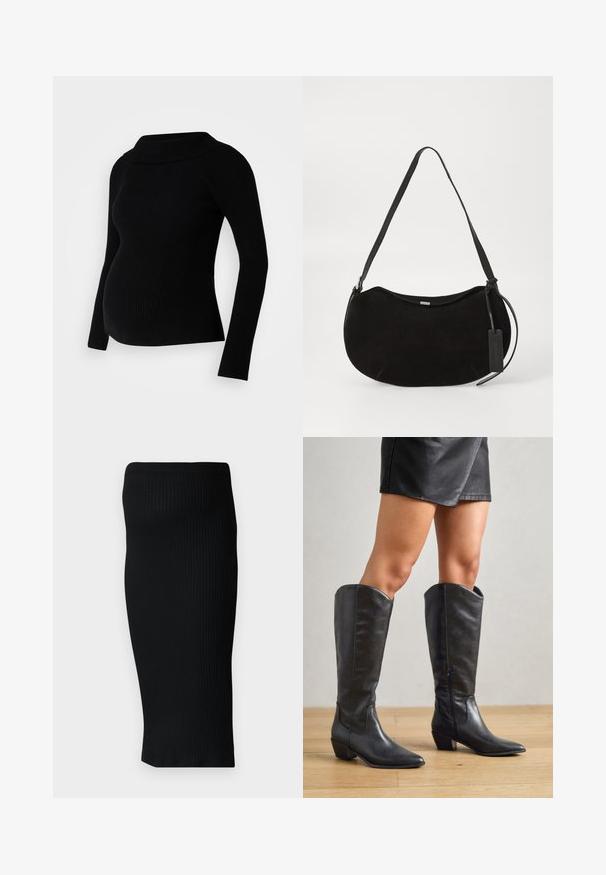 Sort ribbet graviditetstrøje med lange ærmer, bredt foldet halsudskæring og tætsiddende silhuet, designet til komfort og stil under graviditeten.; Sort ribbet strik midi-nederdel med en tætsiddende silhuet og en bred taljeelastik. Glat tekstur, ingen synlige mønstre eller accenter.; Sorte knæhøje støvler lavet af glat læder, med spidse tæer, lav blokhæle og lynlås i siden for nem påtagning.; Sort ruskind skuldertaske med en buet form, justerbar rem og et lædermærke hængende fra den ene side.