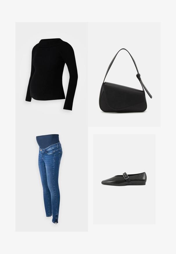 Sort ribbet graviditetstrøje med lange ærmer, bredt foldet halsudskæring og tætsiddende silhuet, designet til komfort og stil under graviditeten.; Graviditetsjeans i mørkeblå denim. Slim fit med et strækbart, støttende mavebånd. Har sidelommer med lynlås ved anklen.; Sorte læder flade sko med spidse tæer, prydet med en metallisk spænde over vristen og en lav, fleksibel sål.; Sort læderhåndtaske med en triangular form, skrå klap og et rundt håndtag. Har en glat overflade og minimalistiske design detaljer.