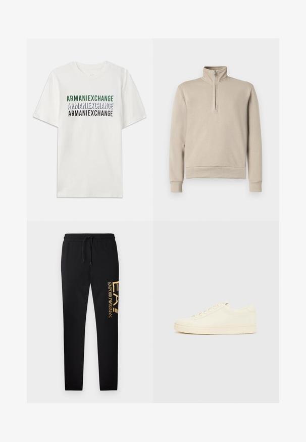 Valkoinen mock neck huppari, jossa on puolitaiteinen vetoketju, pitkät hihat sekä raidalliset hihansuut ja helma. Pehmeä kangas, minimalistinen muotoilu.; Valkoinen puuvillapaita, jossa on toistuva teksti "ARMANIEXCHANGE" vihreänä, sinisenä ja mustana. Lyhyet hihat ja klassinen pyöreä kaula-aukko.; Musta collegehousut, joissa mukava istuvuus ja vasemmalla puolella kultainen "EA"-logo sekä "EMPORIO ARMANI" -logo, joustavalla vyötärönauhalla.; Kermaan vivahtava tennari, jossa on sileä nahkainen päällinen, pyöristetty kärki, nyöritys edessä ja kuvioitu kumipohja. Minimalistinen muotoilu, ei logoja.