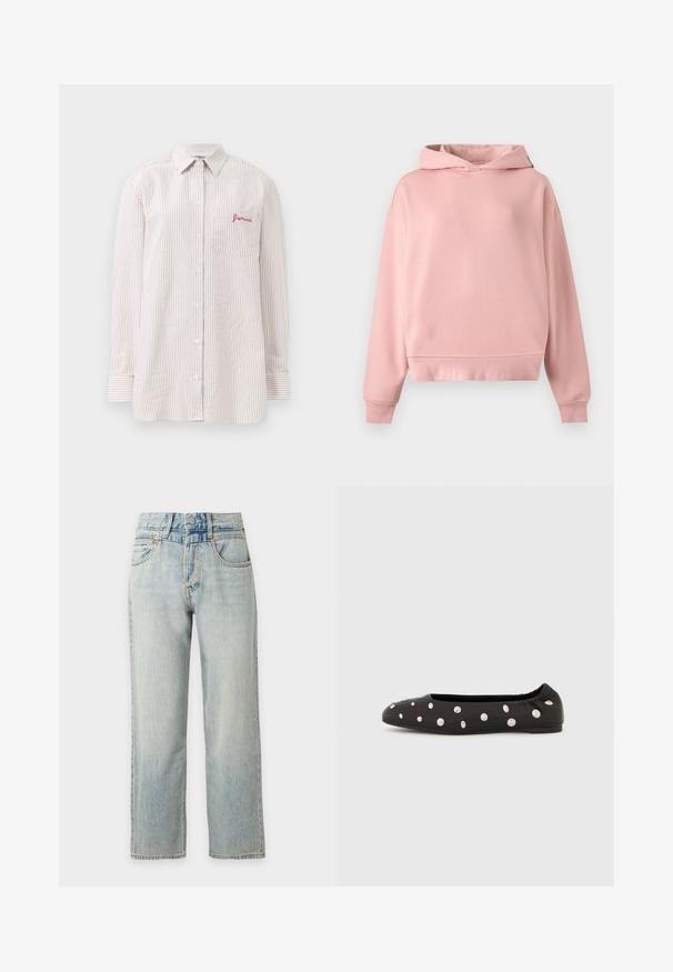 Zachte roze pullover hoodie met lange mouwen, zonder voorzak, geribbelde manchetten en zoom, plat gelegd op een lichtgrijze achtergrond.; Beige en witte verticale gestreepte button-up shirt met lange mouwen, voorzien van een borstzakje geborduurd met het rode "fiorucci" logo.; Lichtblauwe high-waisted rechte spijkerbroek met voorzakken en knoopsluiting op een egale witte achtergrond.; Zwarte ballerina met elastische achterkant en verspreide grote zilveren ronde studs op de bovenzijde, in profiel weergegeven tegen een witte achtergrond.