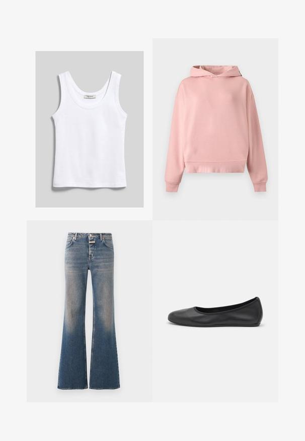 Sweat à capuche rose doux à manches longues, sans poche avant, avec poignets et ourlet côtelés, posé à plat sur un fond gris clair.; Débardeur blanc en coton sans manches avec encolure dégagée, présenté à plat sur fond gris clair.; Jean en denim bleu délavé avec une taille haute, style classique cinq poches, fermeture par boutons et jambes évasées larges.; Ballerines en cuir noir avec un bout rond, texture lisse, détails de couture minimalistes et design de semelle flexible.