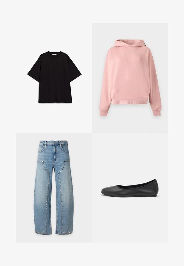 Zachte roze pullover hoodie met lange mouwen, zonder voorzak, geribbelde manchetten en zoom, plat gelegd op een lichtgrijze achtergrond.; Zwarte katoenen T-shirt met een relaxte pasvorm, korte mouwen, ronde hals en een gladde textuur. Geen patronen of accenten.; Lichtblauwe jeans met wijde pijpen, hoge taille en zilveren studs die de voorpanelen en zakken omlijnen, getoond op een effen witte achtergrond.; Zwarte leren ballerina met een ronde neus, gladde textuur, minimale stikdetails en een flexibele zoolontwerp.