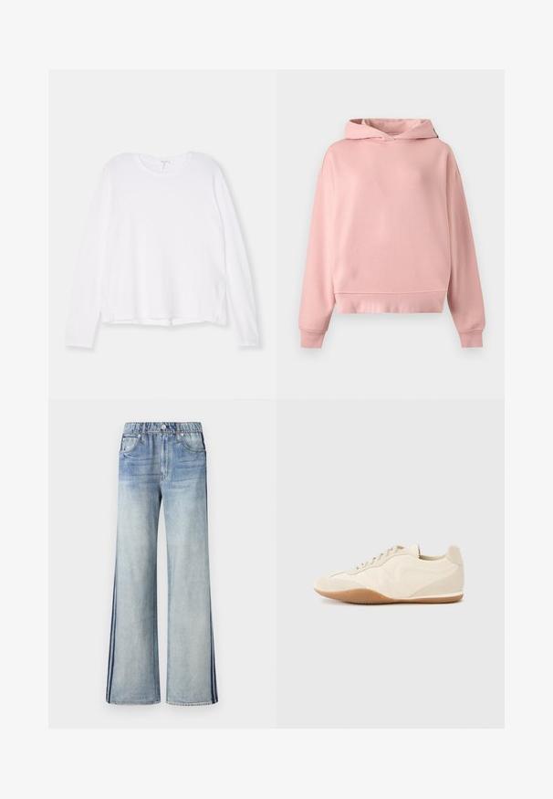 Sweat à capuche rose doux à manches longues, sans poche avant, avec poignets et ourlet côtelés, posé à plat sur un fond gris clair.; Chemise blanche à manches longues, en tissu doux, avec un col rond, une coupe décontractée et des fentes sur les côtés à l'ourlet pour faciliter les mouvements.; Jeans en denim bleu clair avec une taille haute, des jambes larges et des rayures latérales bleu foncé. Le tissu présente une légère texture avec un effet de décoloration.; Baskets beige clair avec une tige en cuir texturé, des panneaux latéraux texturés et une semelle en caoutchouc. Dotées d'un design fin et épuré ainsi que de lacets plats.