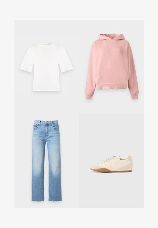 Sweat à capuche rose doux à manches longues, sans poche avant, avec poignets et ourlet côtelés, posé à plat sur un fond gris clair.; T-shirt blanc à manches courtes avec col rond, coupe droite et texture de tissu lisse, présenté sur un fond plat gris clair.; Jean en denim bleu clair à jambes droites avec fermeture devant par bouton et fermeture éclair, style cinq poches, et légère décoloration sur les cuisses.; Baskets beige clair avec une tige en cuir texturé, des panneaux latéraux texturés et une semelle en caoutchouc. Dotées d'un design fin et épuré ainsi que de lacets plats.
