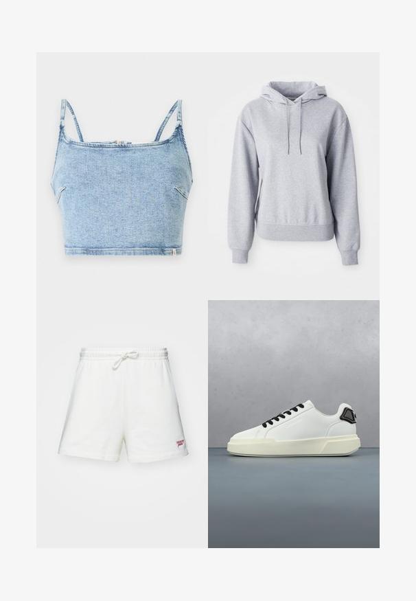 Grå hoodie lavet af blødt bomuldsblandet materiale med en kengurutaske, snoretræk i hætten, ribbede ærmer og nederkant, der har diskret logo detalje.; Lysblå denim crop top med tynde justerbare stropper, der har en frontlynlås og en glat tekstur, designet til en tætsiddende pasform.; Hvide bomuldsshorts med elastisk linning og snøre, med en lille rød logo nederst til venstre. Glat tekstur, afslappet design.; Hvid sneakers med sorte snørebånd og hældetalje, der svæver over en træblok overflade udendørs nær grønne planter og en betonvæg.