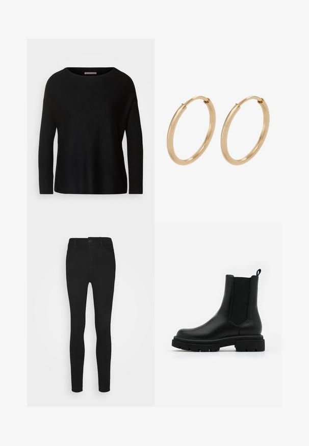 Sort striktrøje med rund hals, lange ærmer med ribbede detaljer og en afslappet pasform. Glat tekstur med et enkelt design.; Sorte skinny jeans med knaplukning, fem lommer og en glat tekstur, tilpasset en tætsiddende silhuet.; Sorte læder Chelsea-støvler har en glat overflade, elastiske sidetillæg, en løftestang og en kraftig gummisål med en tekstureret slidbane.; Guldøreringe med en glat, poleret overflade. Rund form, mellemstor, med en sikker lukkemekanisme.