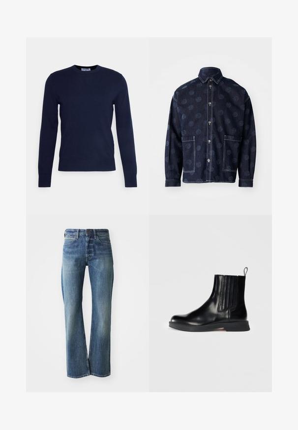Pull à col rond bleu marine en tissu doux, avec des manches longues et un ourlet côtelé. Pas de motifs ni d'ornements visibles.; Henrik Vibskov BIG - Chemise - dark blue; Jeans en denim de couleur bleu clair à moyen, coupe droite, design classique à cinq poches et décoloration subtile à l'avant.; Botte en cuir noir mi-mollet avec des panneaux élastiques sur les côtés, bout rond, petit talon bloc et languette. Présente une texture lisse et un design épuré.