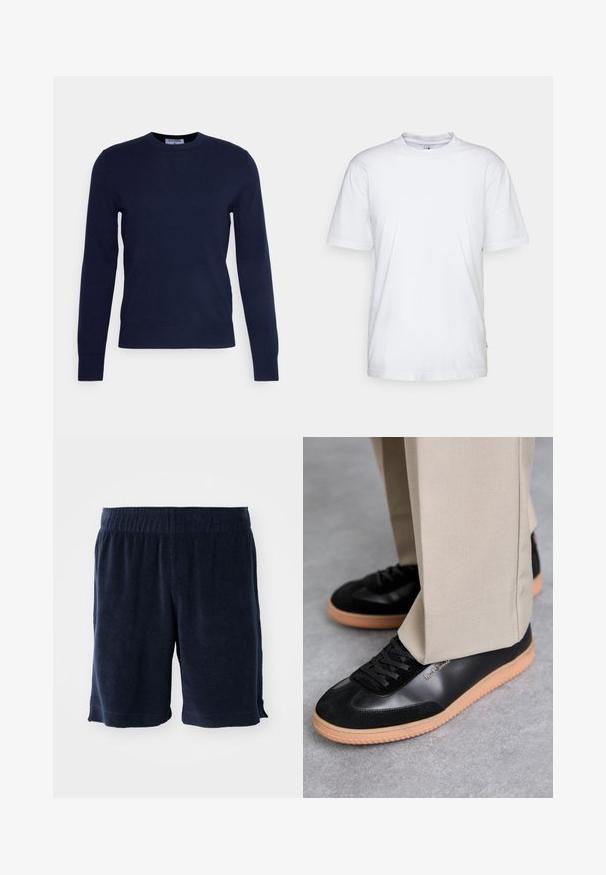 Pull à col rond bleu marine en tissu doux, avec des manches longues et un ourlet côtelé. Pas de motifs ni d'ornements visibles.; T-shirt en coton blanc avec un col rond, des manches courtes et un ourlet droit. Présente une petite étiquette de marque sur la couture latérale gauche.; Shorts en éponge bleu marine avec taille élastique, longueur au genou et poches latérales. Texture douce et design simple.; Paul Smith COMO - Baskets basses - black