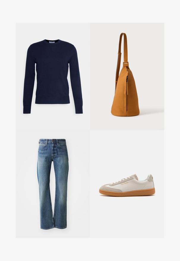Pull à col rond bleu marine en tissu doux, avec des manches longues et un ourlet côtelé. Pas de motifs ni d'ornements visibles.; Jeans en denim de couleur bleu clair à moyen, coupe droite, design classique à cinq poches et décoloration subtile à l'avant.; Baskets basses blanches et beiges avec semelle en caoutchouc, lacets blancs, détails en daim et logo doré "Paul Smith" sur le côté.; Sac besace en cuir couleur fauve avec sangle réglable et poche verticale zippée, présenté de profil sur un fond clair uni.