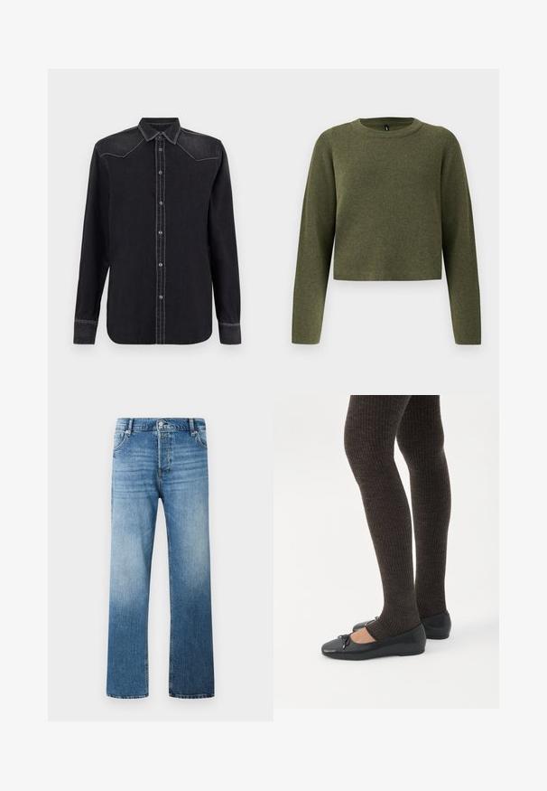 Pull vert court avec des manches longues, en tissu tricoté texturé. Présente un col rond et un design minimaliste.; Replay SHIRT - Chemisier - black; Jeans en denim bleu clair avec une coupe droite, présentant un dégradé progressif, cinq poches et une fermeture à bouton à l'avant.; Jambes portant des leggings côtelés foncés associés à des ballerines noires avec de petits détails en nœud sur fond blanc.