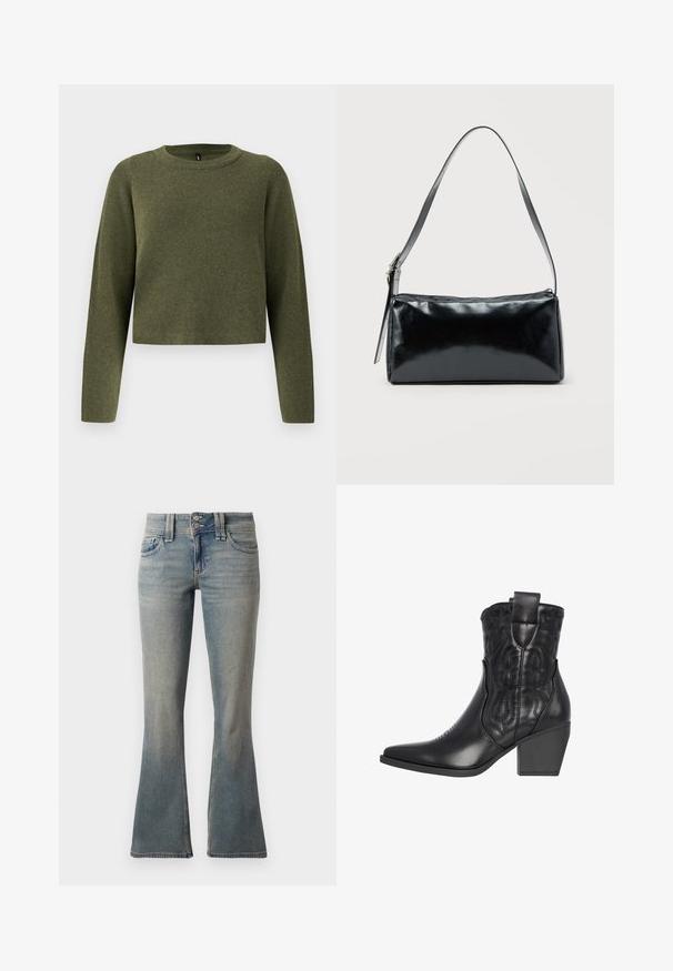 Grøn kortærmet sweater med lange ærmer, lavet af tekstureret strikstof. Har en rund halsudskæring og minimalistisk design.; Lyseblå flagrende jeans lavet af denim. Har to forlommer, en knaplukning og subtile lysninger over stoffet.; Sort læder cowboystøvle med spidse tæer, præget stjerne og blomsterdesign, samt en kraftig hæl for stabilitet. Har trækhank for nem påklædning.; Sort rektangulær skuldertaske med en enkelt justerbar rem og lynlås i toppen på en ensfarvet baggrund.