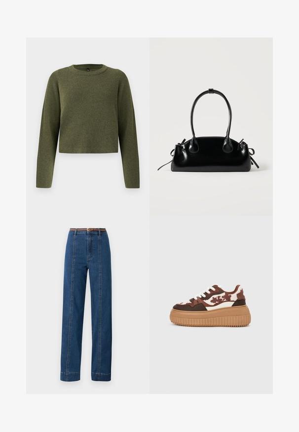 Grøn kortærmet sweater med lange ærmer, lavet af tekstureret strikstof. Har en rund halsudskæring og minimalistisk design.; Mørkeblå denimjeans med lige pasform, høj talje og flettet brun bælte. Har kontrastsyninger langs sidesømmene.; Platform sneakers med et brunt og cremefarvet camouflage-mønster, kontrasterende lysebrune såler og hvide snørebånd. Overdelen har blandede materialer og teksturer.; Lille sort blank håndtaske med to lange håndtag og snøre-detaljer i siden på en ensfarvet lys baggrund.
