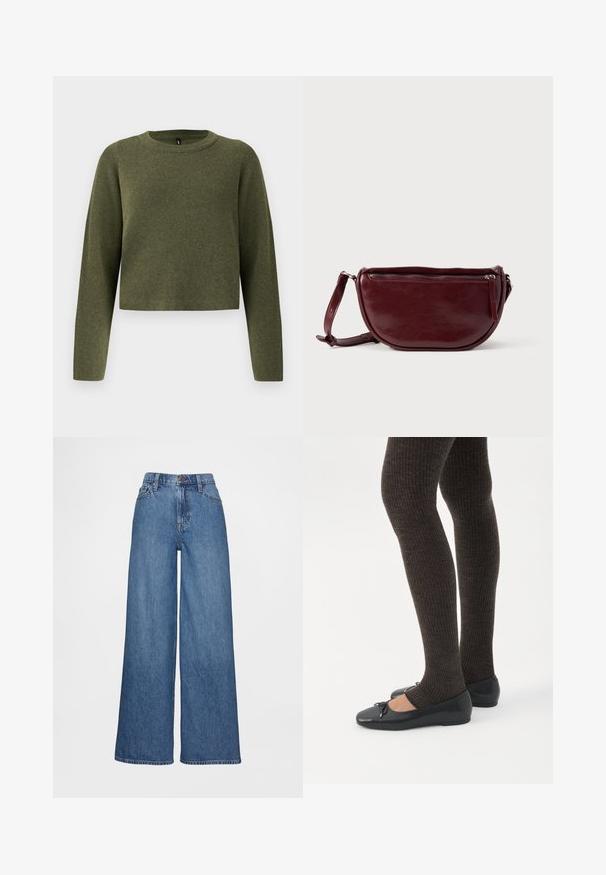 Grøn kortærmet sweater med lange ærmer, lavet af tekstureret strikstof. Har en rund halsudskæring og minimalistisk design.; Vidbenede jeans i mediumblåt denim, med høj talje, bæltestropper og knaplukning. Glat tekstur med få syningsdetaljer.; Ben iført mørke ribbede leggings kombineret med sorte balletsko med små sløjfedetaljer på hvid baggrund.; Vinrød læderhåndtaske med halvmåneform, lynlås og aftagelig rem. Glat tekstur med en subtil glans.