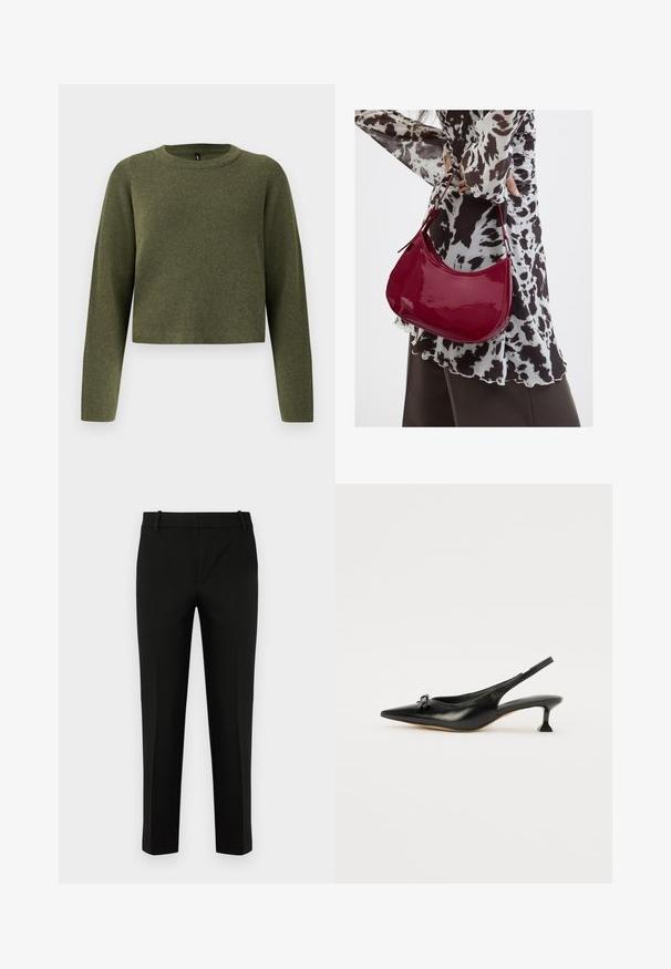 Suéter verde corto con mangas largas, hecho de tela de punto texturizada. Presenta un escote redondo y un diseño minimalista.; Pantalones negros de corte ajustado, con un frente plano, bolsillos laterales y una textura suave. Diseñados con una cintura de altura media y perneras estrechas.; Zapato negro de cuero tipo slingback con puntera afilada y pequeño tacón cuadrado. Presenta un detalle decorativo de lazo en la parte superior. Textura lisa en toda su superficie.; Mujer con blusa de estampado en blanco y negro sosteniendo un bolso de hombro rojo brillante sobre un fondo liso.