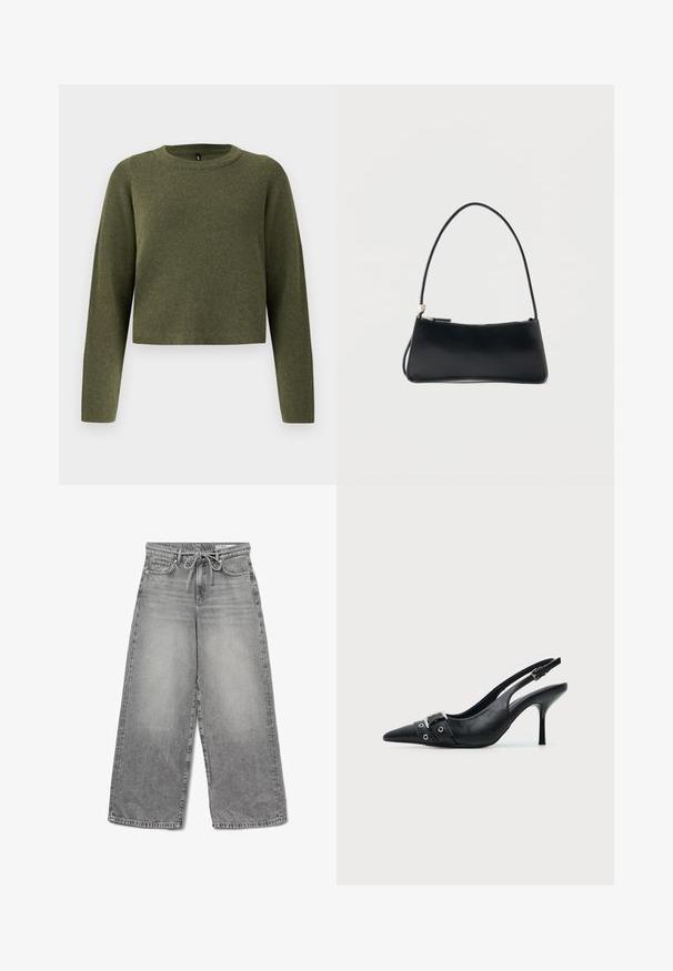 Grøn kortærmet sweater med lange ærmer, lavet af tekstureret strikstof. Har en rund halsudskæring og minimalistisk design.; Bredde ben grå denim jeans med en falmet finish, snoreliv og traditionelt fem-lomme design, der har synlige syninger.; Sort læder højhælet sko med spidst tåparti, slingback og rem med spænde og nitter foran.; Sort rektangulær håndtaske med tynd skulderrem og lynlåslukning, sat mod en enkel hvid baggrund.