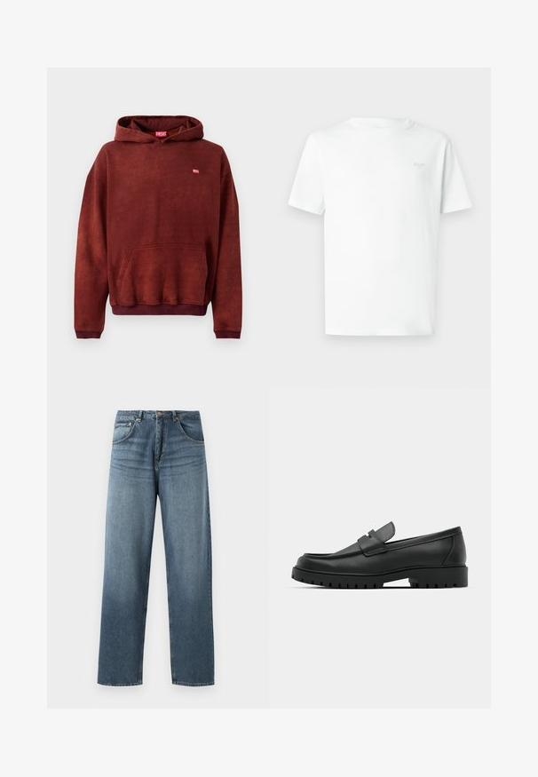 Sudadera de color rojo-marrón hecha de tela suave, con un bolsillo en el frente y puños de canalé. Pequeño logo "DIESEL" en color contrastante en el pecho.; Camiseta blanca de algodón con cuello redondo, mangas cortas y un sutil logotipo gris en el lado izquierdo del pecho. Textura suave y ligera.; Jeans de mezclilla azul de pierna recta con un lavado desgastado, que cuentan con un diseño de cinco bolsillos, botón de metal y presillas para cinturón. Tejido estructurado y de peso medio.; Mocasines de cuero negro con punta redonda, que cuentan con un diseño cosido, suela de plataforma baja y una suela de goma texturada y con tacos.