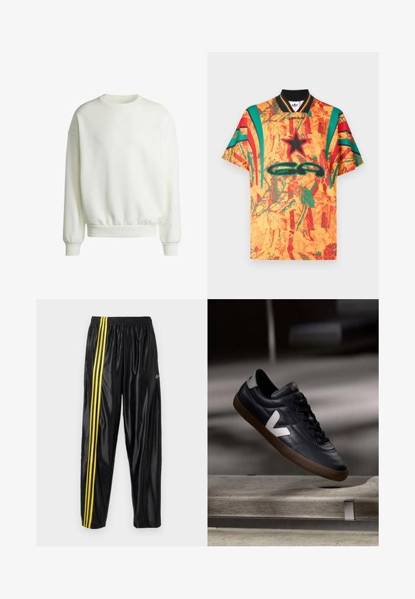 Witte sweatshirt gemaakt van zachte stof, met een ronde halslijn, geribbelde manchetten en een elastische tailleband met een ontspannen pasvorm.; Kort mouwen overhemd met een zwarte kraag, met een fel oranje en groen bladerenpatroon, rode accenten en een oversized logo aan de voorkant.; Zwarte sportbroek van glanzend materiaal met een elastische tailleband, voorzien van twee gele strepen langs de zijkant en een klein logo.; Zwarte leren sneakers met een wit V-logo, vetersluiting aan de voorkant, geperforeerde details en een bruine rubberen zool; strak ontwerp met minimale accenten.