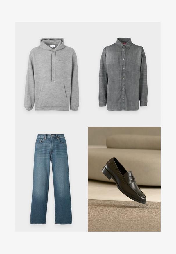 Šedá mikina s kapucňou vyrobená z mäkkého materiálu, s klokanou kapsou, stiahnuteľnou kapucňou a vyšitým logom "R. Lacoste" v modrej farbe.; Sivá košeľa s gombíkmi vyrobená z textúrovanej látky, s ostrým golierom a predným zapínaním na gombíky s viditeľnými detailmi zošívania.; Široké tmavomodré džínsy s gombíkovým zapínaním, pútka na opasok a zjemnenou textúrou. Majú päť vreciek a kontrastné prešívanie.; Čierna kožená mokasína plávajúca nad béžovým kobercem s béžovou pohovkou v pozadí, predstavujúca klasický pánsky dizajn na nazúvanie.