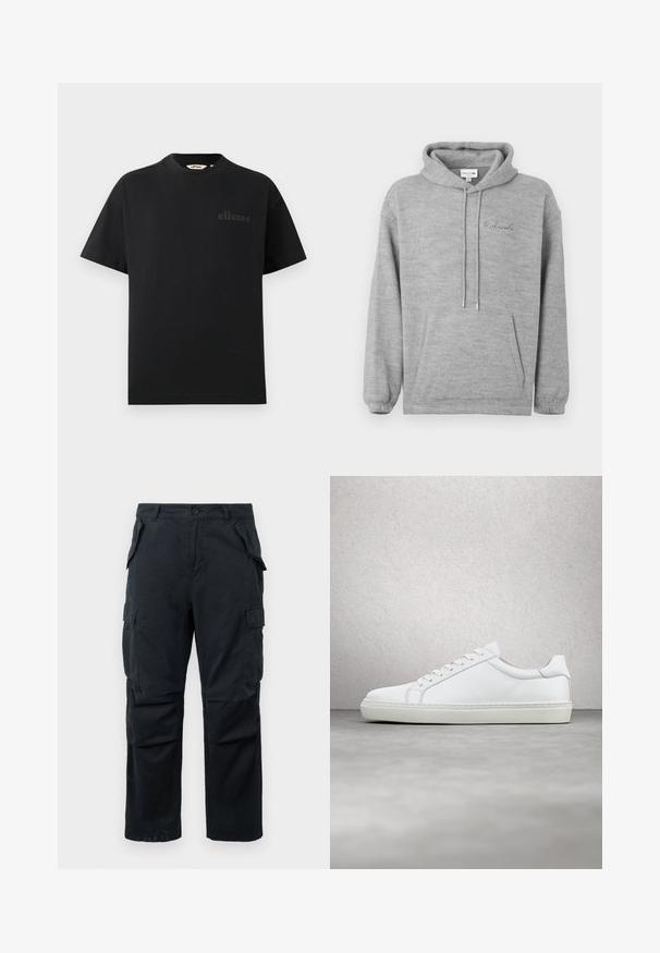 Šedá mikina s kapucňou vyrobená z mäkkého materiálu, s klokanou kapsou, stiahnuteľnou kapucňou a vyšitým logom "R. Lacoste" v modrej farbe.; Čierne bavlnené tričko so štandardným okrúhlym výstrihom a krátkymi rukávmi. Na hrudi má jemne vyrazené logo.; Čierne cargo nohavice vyrobené z odolnej tkaniny, s viacerými postrannými vreckami, rovnými nohavicami a zapínaním na gombík v páse.; Biele tenisky s hladkým koženým zvrškom a nízkym profilom. Majú zaoblenú špičku, šesť očiek a štruktúrovanú gumovú podrážku.