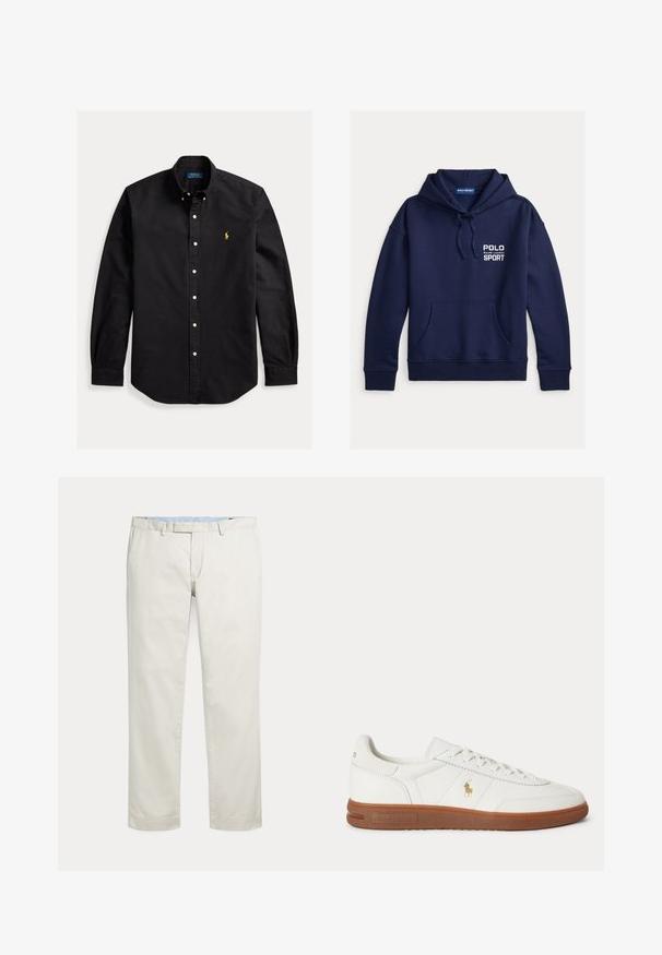 Marineblå hettegenser laget av mykt stoff, med frontlomme, ribbestrikkede mansjetter og "POLO SPORT"-logo i hvitt.; Svart langermet knappeskjorte med knappet krage og liten gul Polo Ralph Lauren-logo på venstre bryst.; Kremfargede bukser med rette bein, beltestropper og skjult frontåpning på ensfarget bakgrunn.; Hvite lave sneakers med brun såle, snøring foran og lite gullfarget Polo Ralph Lauren-logo på siden.